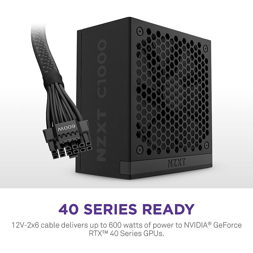 The text on the image is grouped and corrected as follows:
"NZXT 40 Series Ready: 12V-2x6 cable delivers up to 600 watts of power to NVIDIA GeForce RTX 40 Series GPUs."