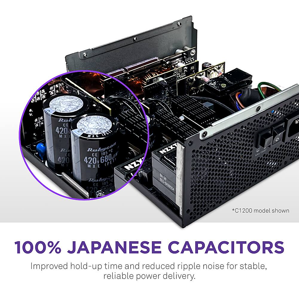 100% Japanese capacitors. Improved hold-up time and reduced ripple noise for stable, reliable power delivery.