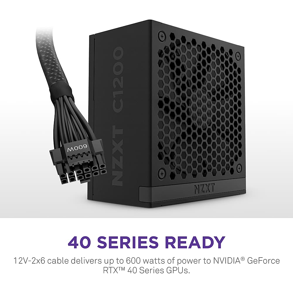 The text on the image reads: "NZXT C1200 40 SERIES READY 12V-2x6 cable delivers up to 600 watts of power to NVIDIA GeForce RTX 40 Series GPUs."