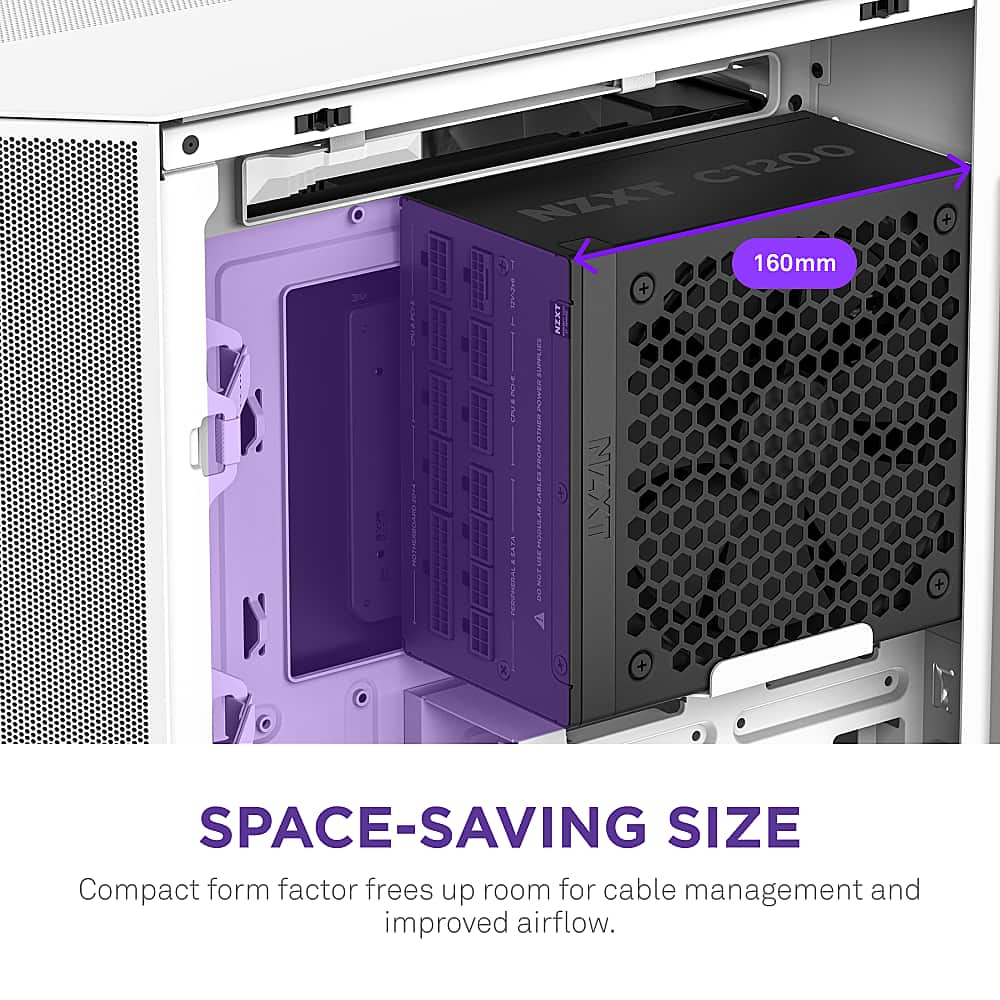 The text on the image reads:
"Space-saving size. Compact form factor frees up room for cable management and improved airflow."