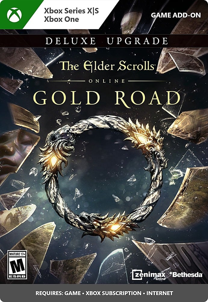 The text on the image is grouped and corrected as follows:
Xbox Series X|S Xbox One Game Add-On Deluxe Upgrade The Elder Scrolls Online Gold Road Mature 17+ ESRB zenimax "Bethesda online" Requires: Game Subscription Internet