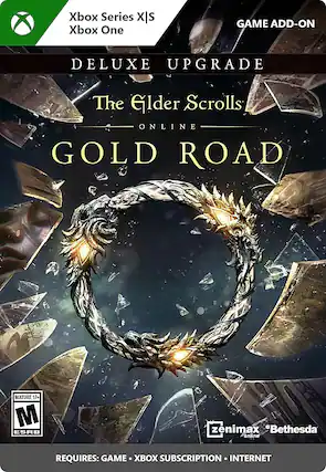 The text on the image is grouped and corrected as follows:
Xbox Series X|S Xbox One Game Add-On Deluxe Upgrade The Elder Scrolls Online Gold Road Mature 17+ ESRB zenimax "Bethesda online" Requires: Game Subscription Internet - M (Mature 17+)