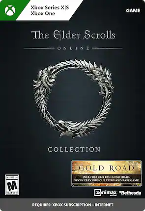The Elder Scrolls Online Collection Xbox Series X|S Xbox One GAME MATURE 17+ M ESRB Gold Road includes 2024 ESO: Gold Road, seven previous chapters, and the base game. Requires Xbox subscription and internet. - M (Mature 17+)