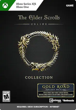 The Elder Scrolls Online Collection Gold Road Deluxe Edition is a mature game rated 17+ by the ESRB. It includes the base game and seven previous chapters, as well as the 2024 ESO: Gold Road expansion. This game requires an Xbox subscription and an internet connection to play. - M (Mature 17+)