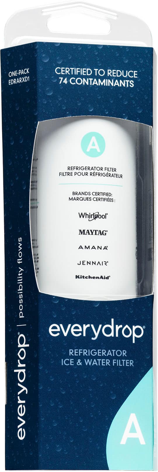 The image features a white box with a blue label that says "everydrop" on it. The box is certified to reduce 74 contaminants and is designed to be used as a refrigerator filter. The label also indicates that the product is compatible with various brands, including Whirlpool, Maytag, Amana, and KitchenAid. The box is likely intended to be used with a refrigerator's ice and water dispenser.