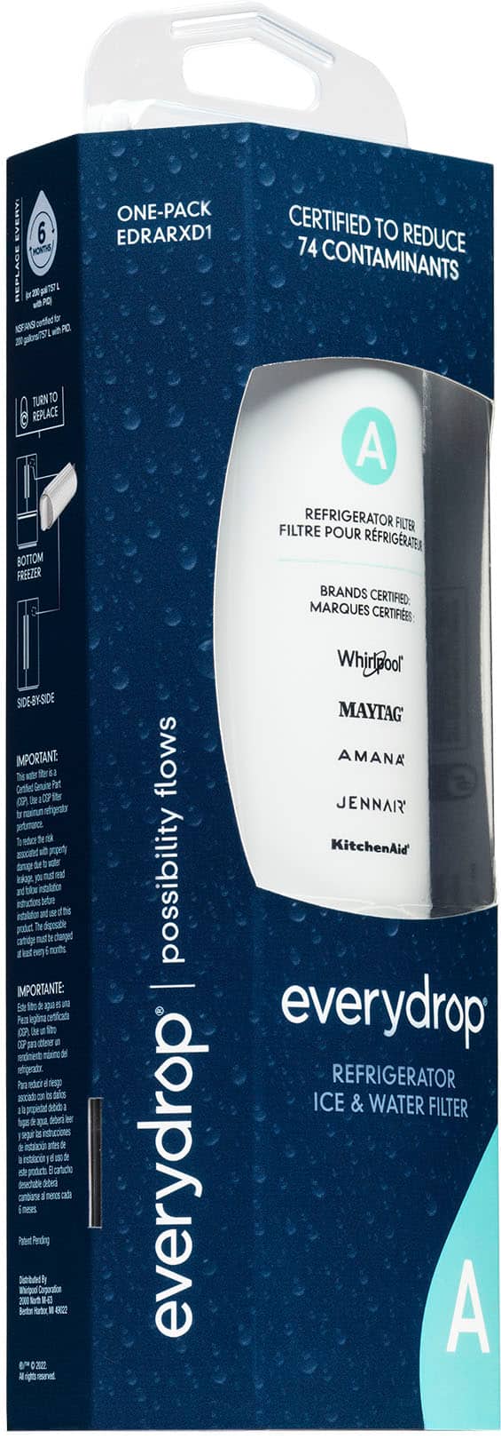 The image features a box for a refrigerator water filter, which is designed to reduce contaminants in the water. The box is blue and white, and it contains a water filter that is certified to reduce contaminants. The box also includes instructions for installation and use. The brand of the water filter is "everydrop," and it is compatible with various refrigerator brands such as Maytag, Amana, Jenn-Air, and KitchenAid.