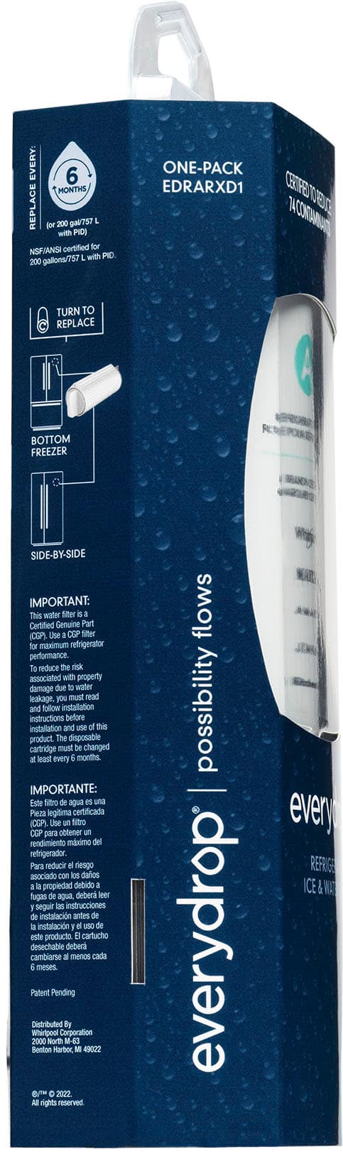 The image features a blue box that contains a water filter for a refrigerator. The box is labeled with the words "EVERY DROP" and "EVERY 6 MONTHS REPLACE." The box also has a white label with a picture of a refrigerator and the words "2000 ONE-PACK EDRARXD1" written on it. The box is designed to be used with a refrigerator and is intended to improve the performance of the appliance while reducing the risk of property damage. The box is also accompanied by a booklet that provides instructions for installation and use.