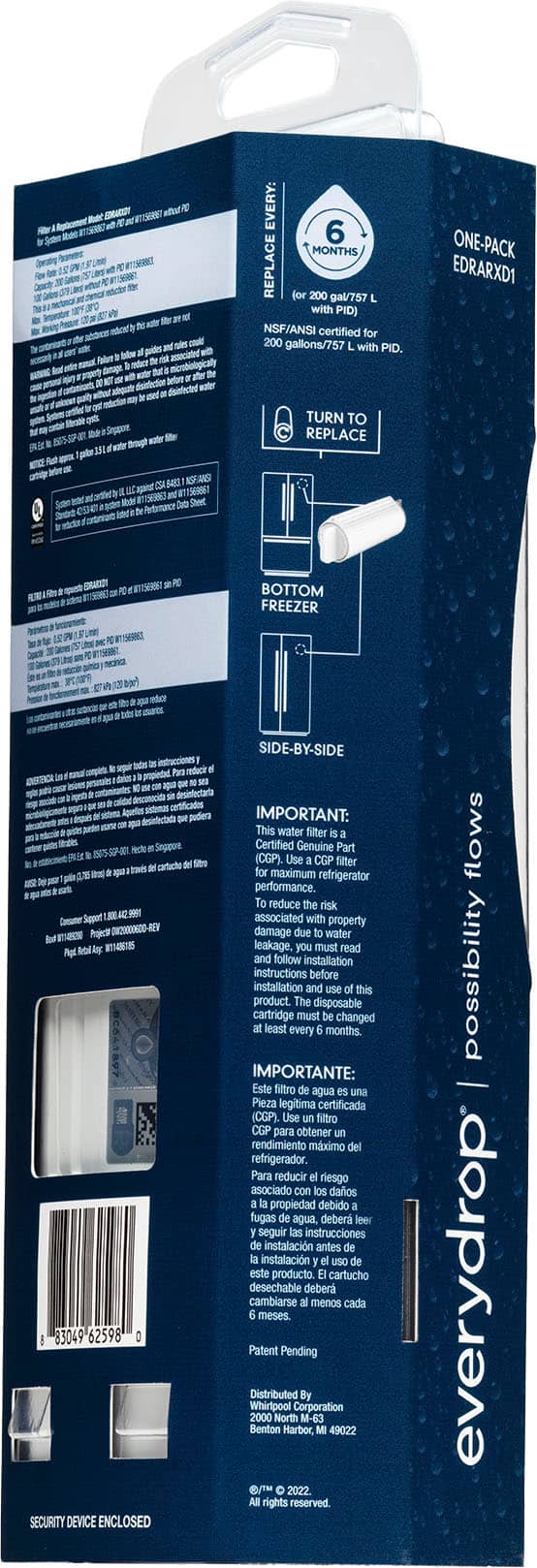 The image features a blue box with a white label that says "Dopview." The box is open, revealing a water filter inside. The water filter is designed for a bottom freezer refrigerator and is certified for 200 gallons or 757 liters. The box also contains a one-pack filter, which should be replaced every six months. The box is labeled with instructions for proper installation and use of the water filter.