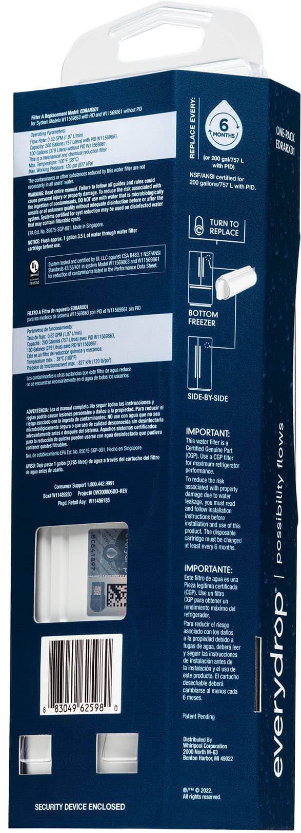 The image features a blue box with a white label, which contains a refrigerator water filter. The box is open, revealing the water filter inside. The label on the box provides instructions for installation and usage. The box is designed to be environmentally friendly, as it is made from recycled materials. The water filter is intended to be replaced every six months to ensure optimal performance and maintain clean water quality.