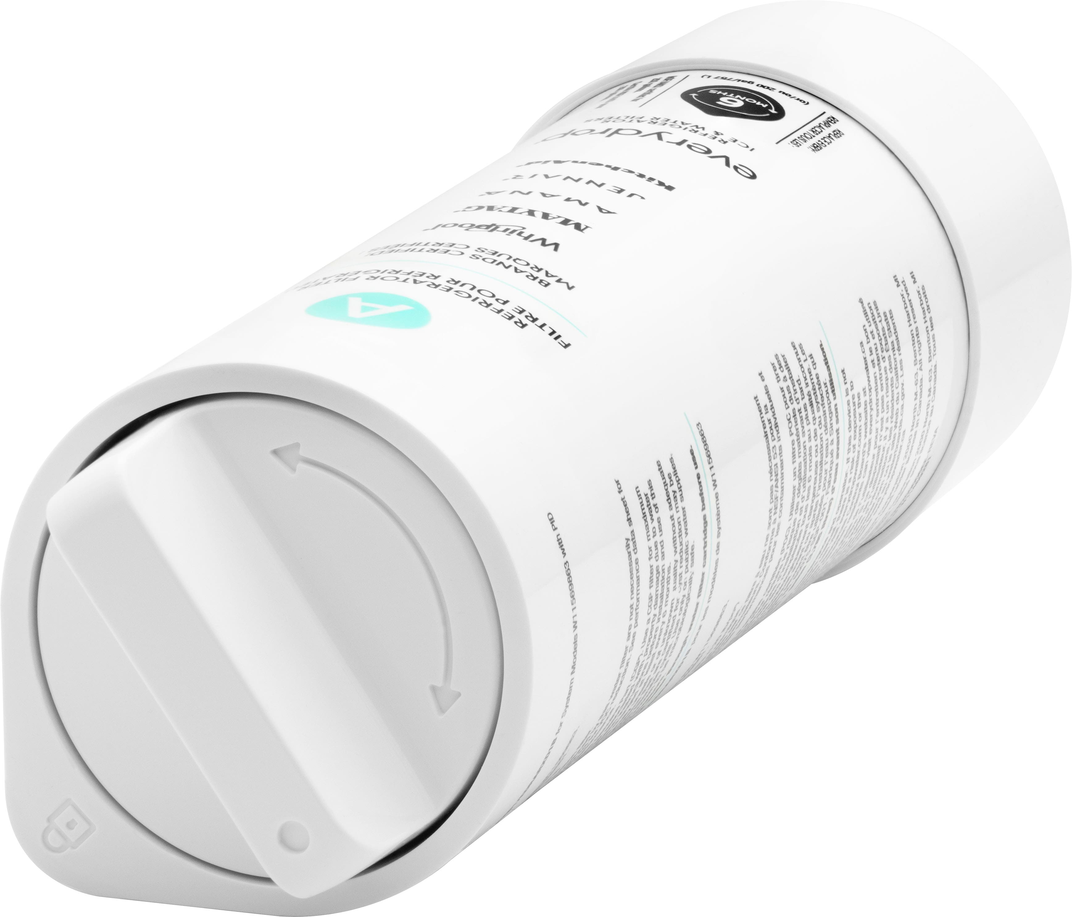 The image shows a white cylindrical object with a blue label on it. The label has a blue circle and the word "Clean" written on it. The object appears to be a refrigerator water filter, as indicated by the label. The label also contains information about the filter, including the manufacturer and the model number. The label is placed on the side of the cylinder, making it easily visible and informative to the user.