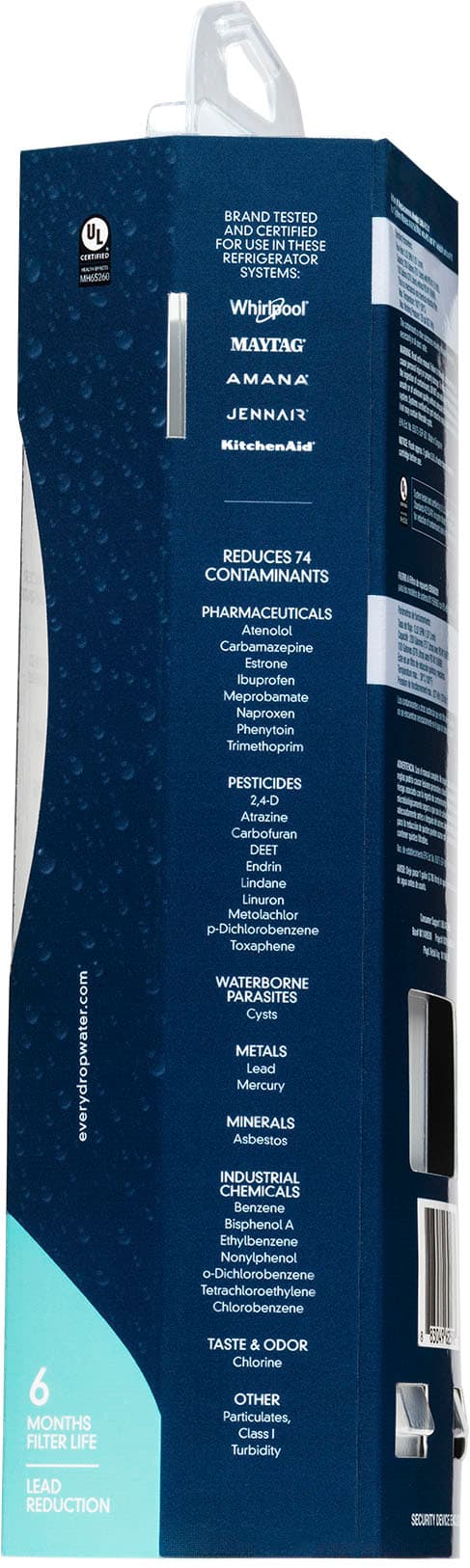 The image features a blue box that contains a water filter. The box is described as being tested and certified for use in Whirlpool, Maytag, Amana, and Jenn-Air refrigerator systems. The filter is designed to reduce contaminants such as pharmaceuticals, pesticides, waterborne parasites, minerals, and industrial chemicals. The filter is rated to last for six months and is intended to improve the taste and odor of the water.