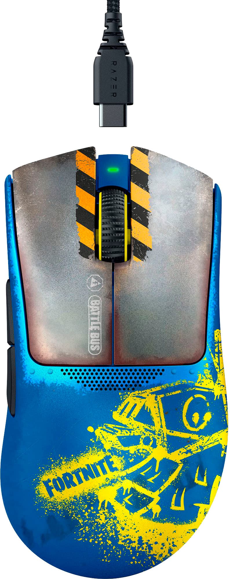 The image features a gaming mouse with a unique design, featuring the Fortnite logo. The mouse is blue and yellow, with a design that resembles a battle bus from the popular game. The mouse is connected to a computer via a black cord, and it is displayed in a white background.