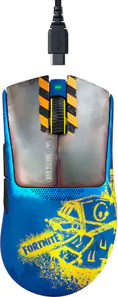 The image features a gaming mouse with a unique design, featuring the Fortnite logo. The mouse is blue and yellow, with a design that resembles a battle bus from the popular game. The mouse is connected to a computer via a black cord, and it is displayed in a white background.