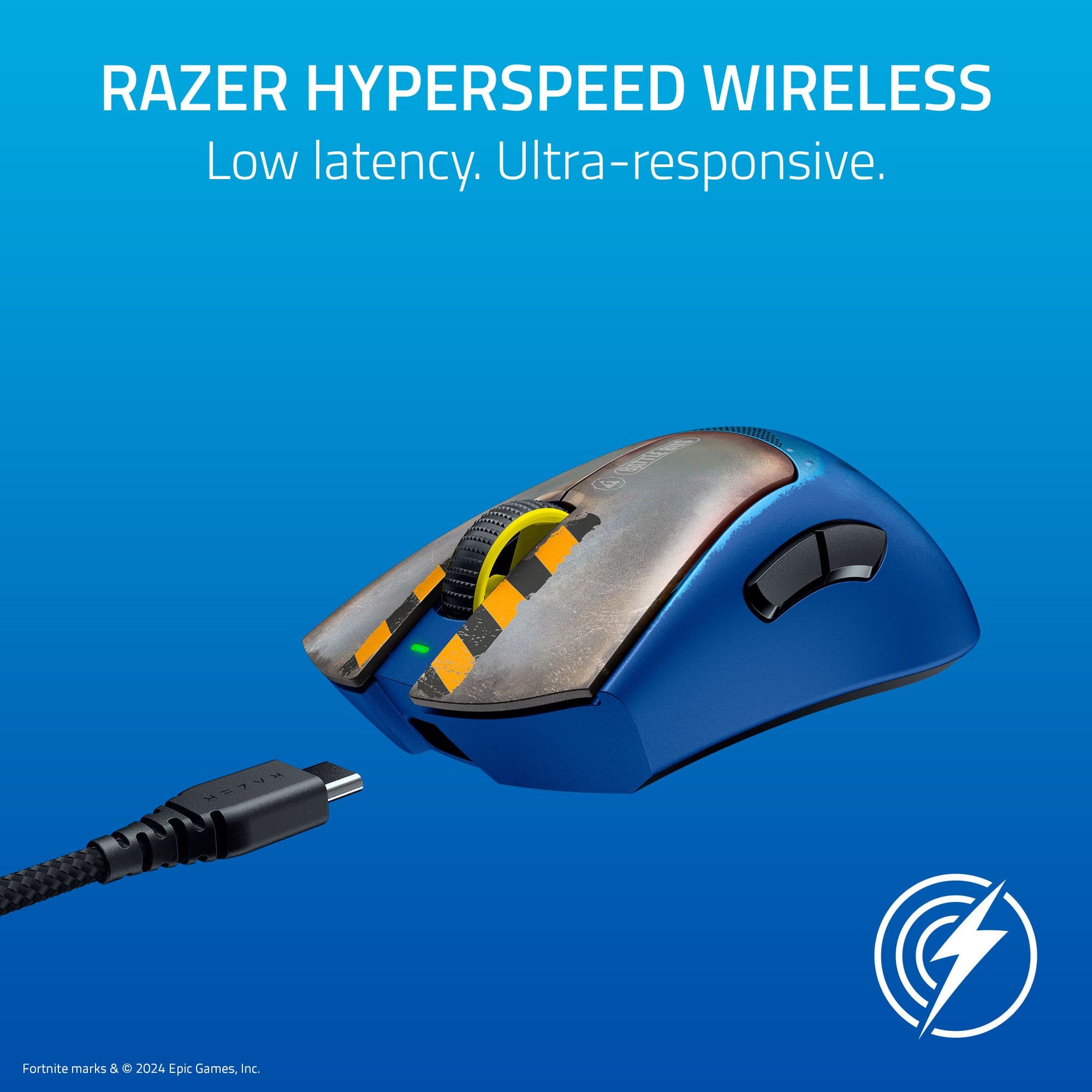 RAZER HYPERSPEED WIRELESS: Low latency. Ultra-responsive. 3VN Fortnite marks & o 2024 Epic Games, Inc.