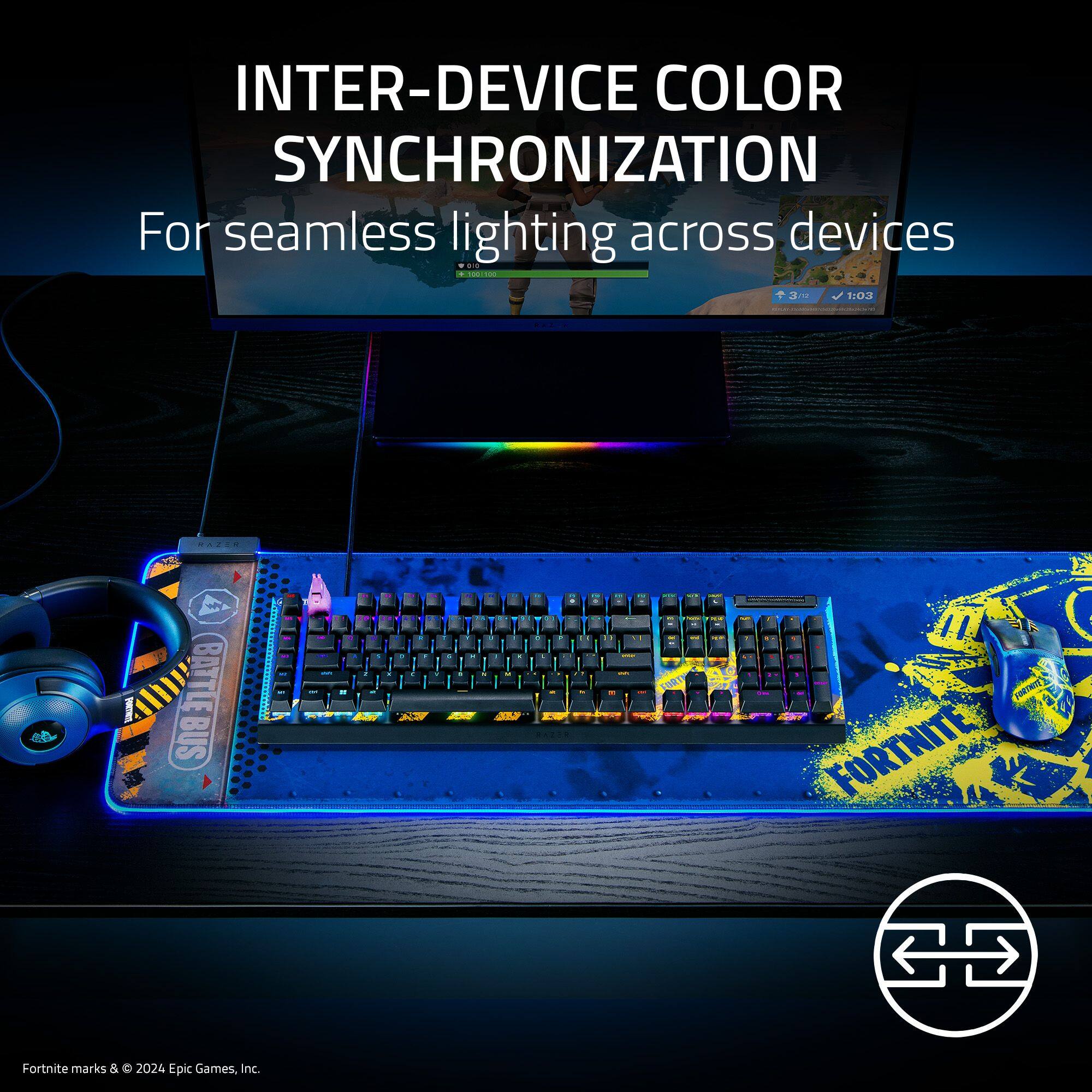 The text on the image reads: "INTER-DEVICE COLOR SYNCHRONIZATION For seamless lighting across devices."