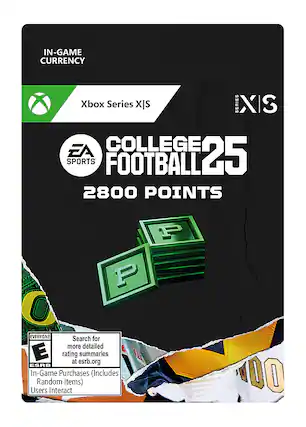 IN-GAME CURRENCY Xbox Series XS EA COLLEGE SPORTS FOOTBALL 25 2800 POINTS P EVERYONE Search for more detailed E rating at esrb.org summaries ESRB In-Game Purchases (Includes Random Items) Users Interact 00