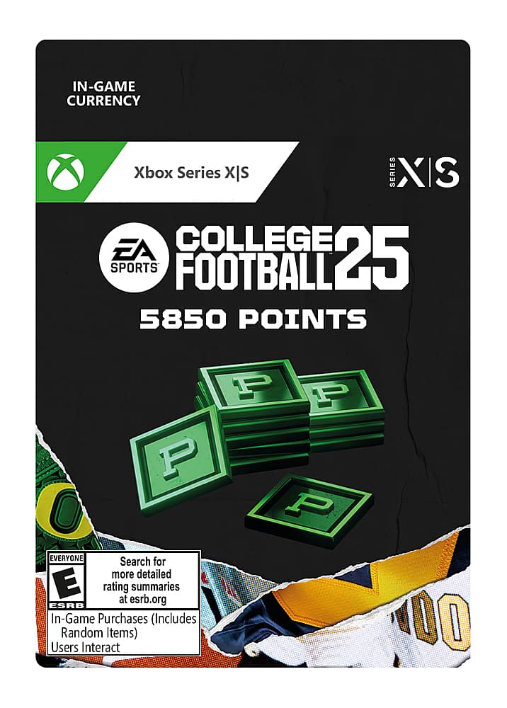 IN-GAME CURRENCY Xbox Series XS EA COLLEGE SPORTS FOOTBALL 25 5850 POINTS P P O P. EVERYONE Search for more detailed E rating at esrb.org summaries ESRB In-Game Purchases (Includes Random Items) Users Interact 00