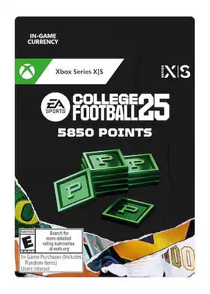 IN-GAME CURRENCY Xbox Series XS EA COLLEGE SPORTS FOOTBALL 25 5850 POINTS P P O P. EVERYONE Search for more detailed E rating at esrb.org summaries ESRB In-Game Purchases (Includes Random Items) Users Interact 00