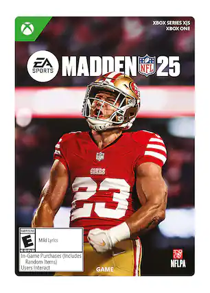 XBOX SERIES XBOX ONE EA MADDEN 25 SPORTS NFL 49ERS 23 EVERYONE E Mild Lyrics ESRB In-Game Purchases (Includes Random Items) Users Interact GAME NFLPA - E (Everyone)