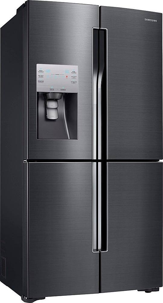 Angle. Samsung - 22.5 cu. ft. 4-Door Flex French Door Counter Depth Refrigerator with Convertible Zone - Black stainless steel.
