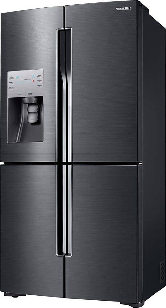 Left. Samsung - 22.5 cu. ft. 4-Door Flex French Door Counter Depth Refrigerator with Convertible Zone - Black stainless steel.
