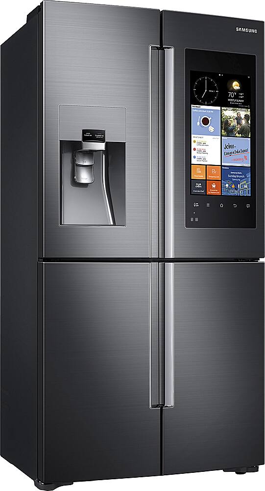 Angle. Samsung - Family Hub 22.08 Cu. Ft. Counter-Depth 4-Door Flex Smart French Door Refrigerator - Black stainless steel.
