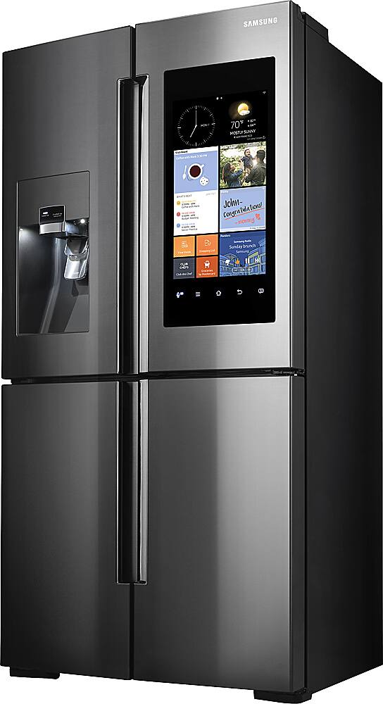 Left. Samsung - Family Hub 22.08 Cu. Ft. Counter-Depth 4-Door Flex Smart French Door Refrigerator - Black stainless steel.