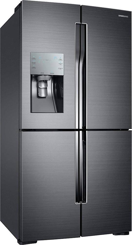 Angle. Samsung - 28.1 Cu. Ft. 4-Door Flex French Door Fingerprint Resistant Refrigerator - Black stainless steel.