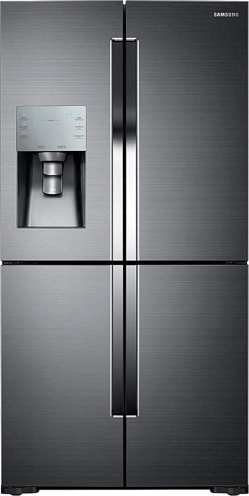 Front. Samsung - 28.1 Cu. Ft. 4-Door Flex French Door Fingerprint Resistant Refrigerator - Black stainless steel.