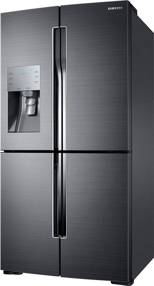 Left. Samsung - 28.1 Cu. Ft. 4-Door Flex French Door Fingerprint Resistant Refrigerator - Black stainless steel.