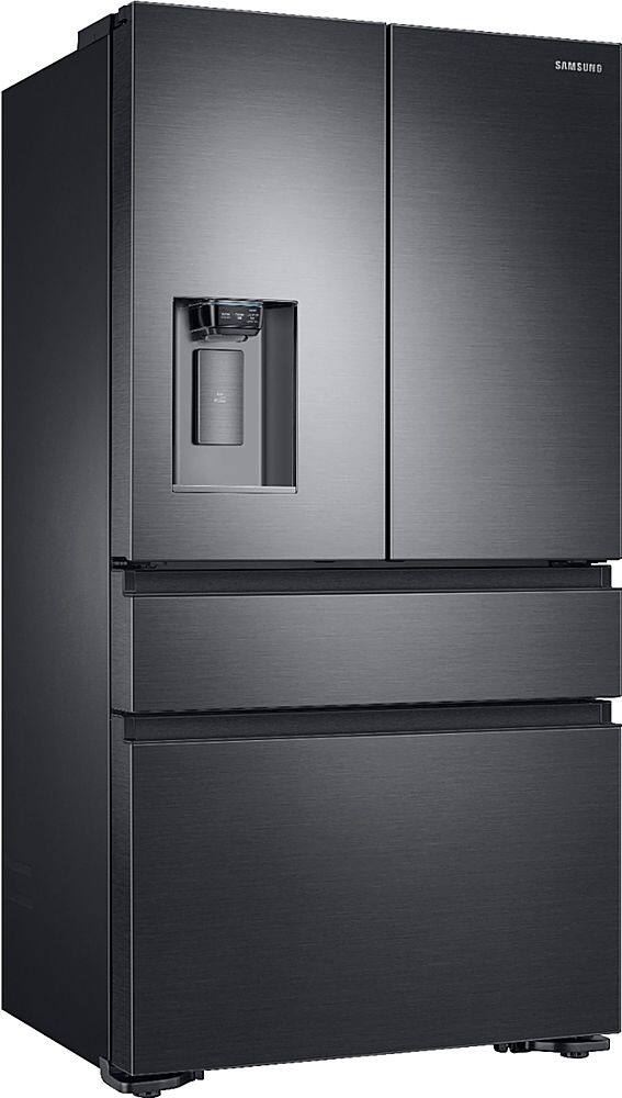 Angle. Samsung - 22.6 cu. ft. 4-Door Flex French Door Counter Depth Refrigerator with FlexZone Drawer - Black stainless steel.