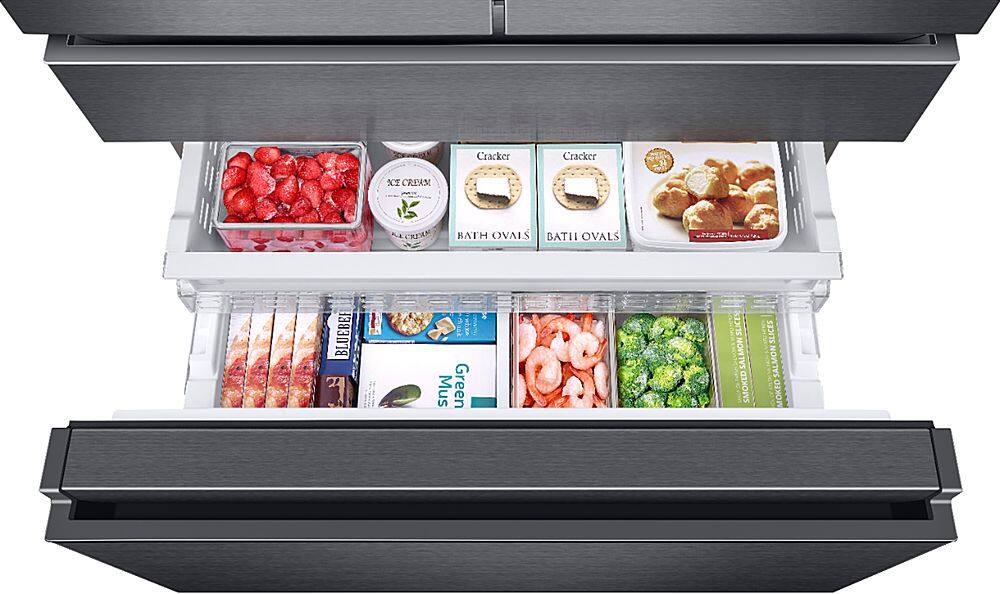 Alt View 3. Samsung - 22.6 cu. ft. 4-Door Flex French Door Counter Depth Refrigerator with FlexZone Drawer - Black stainless steel.