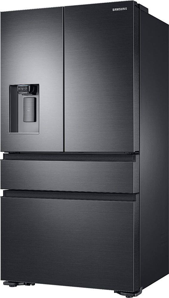 Left. Samsung - 22.6 cu. ft. 4-Door Flex French Door Counter Depth Refrigerator with FlexZone Drawer - Black stainless steel.