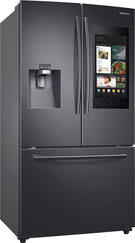 Angle. Samsung - Family Hub 24.2 Cu. Ft. 3-Door French Door  Fingerprint Resistant Refrigerator - Black stainless steel.