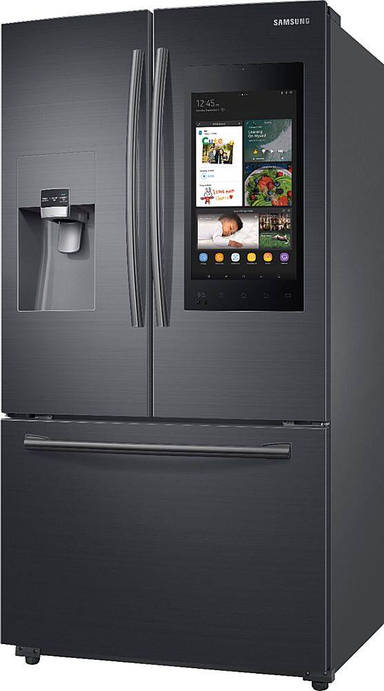 Left. Samsung - Family Hub 24.2 Cu. Ft. 3-Door French Door  Fingerprint Resistant Refrigerator - Black stainless steel.