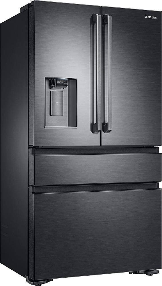 Angle. Samsung - 22.7 Cu. Ft. 4-Door Flex French Door Counter-Depth  Fingerprint Resistant Refrigerator - Black stainless steel.
