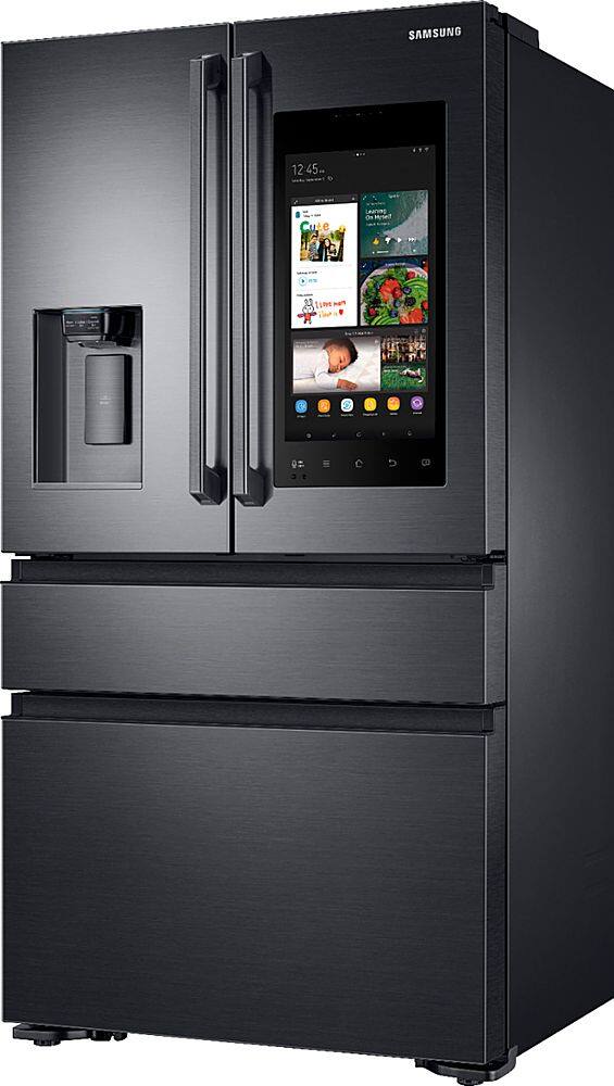 Left. Samsung - Family Hub 22.2 Cu. Ft. 4-Door French Door Counter-Depth Fingerprint Resistant Refrigerator - Black stainless steel.