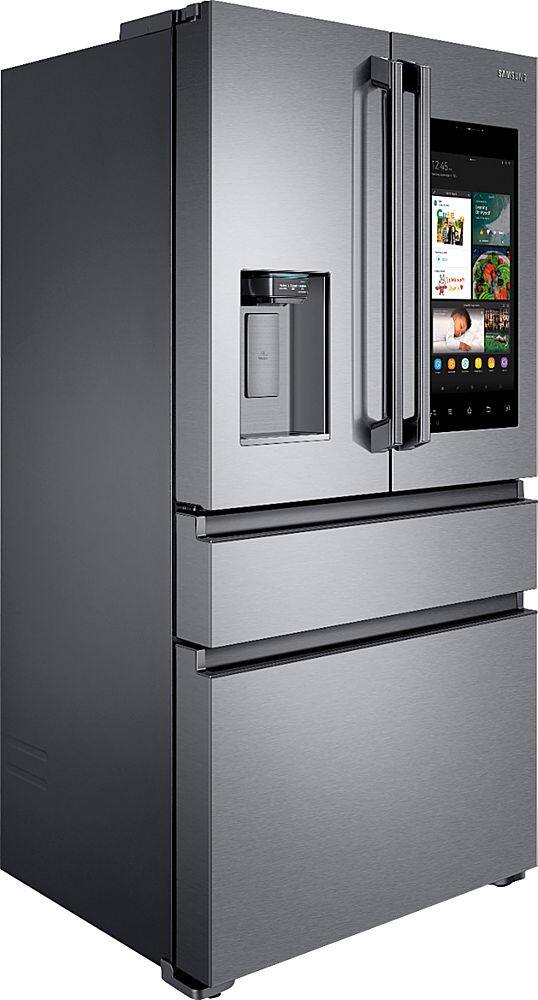 Angle. Samsung - Family Hub 22.2 Cu. Ft. 4-Door French Door Counter-Depth  Fingerprint Resistant Refrigerator - Stainless steel.