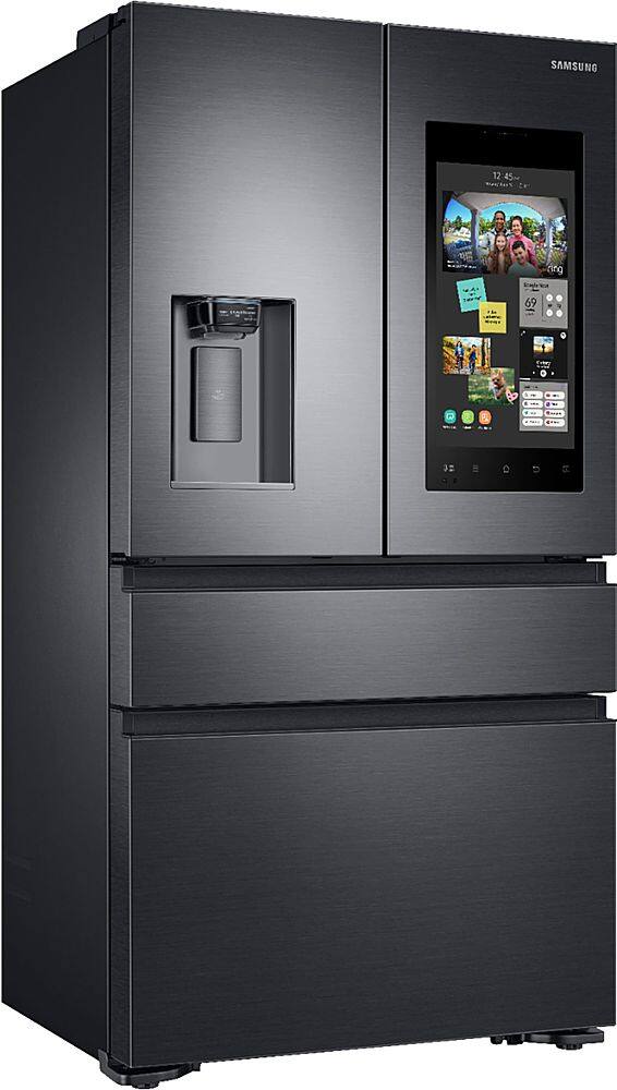 Angle. Samsung - Family Hub 22.2 Cu. Ft. Counter Depth 4-Door French Fingerprint Resistant Refrigerator - Black Stainless Steel.