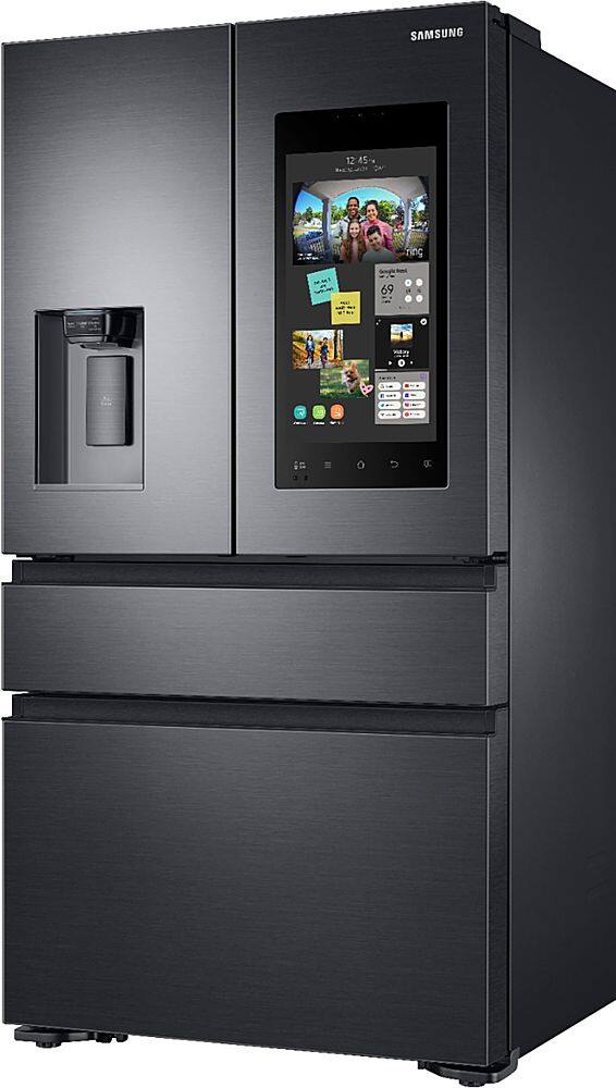 Left. Samsung - Family Hub 22.2 Cu. Ft. Counter Depth 4-Door French Fingerprint Resistant Refrigerator - Black Stainless Steel.