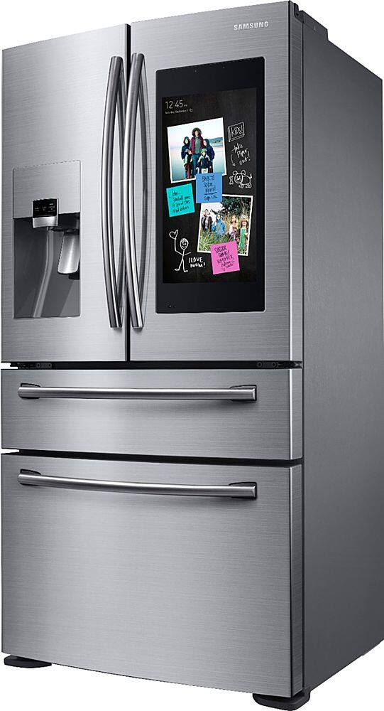 Left. Samsung - Family Hub 22.2 Cu. Ft. 4-Door French Door Counter-Depth Refrigerator - Stainless steel.