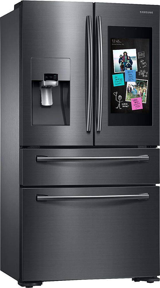 Angle. Samsung - Family Hub 22.2 Cu. Ft. 4-Door French Door Counter-Depth Refrigerator - Fingerprint Resistant Black Stainless Steel.