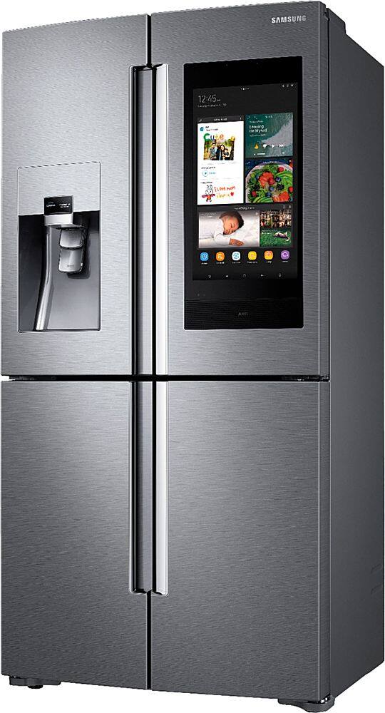 Left. Samsung - Family Hub 28 Cu. Ft. 4-Door Flex French Door  Fingerprint Resistant Refrigerator - Stainless steel.