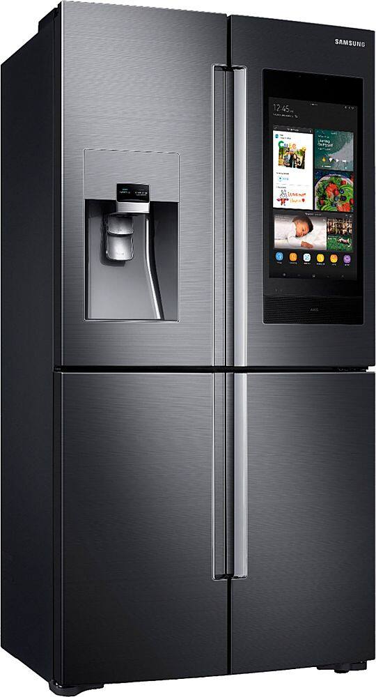 Angle. Samsung - Family Hub 22 Cu. Ft. 4-Door Flex French Door Counter-Depth Fingerprint Resistant Refrigerator - Black stainless steel.