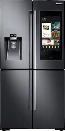 Front. Samsung - Family Hub 22 Cu. Ft. 4-Door Flex French Door Counter-Depth Fingerprint Resistant Refrigerator - Black stainless steel.