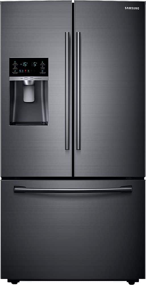 Front. Samsung - 22.5 cu. ft. Counter Depth French Door Fingerprint Resistant Refrigerator with CoolSelect Pantry - Black stainless steel.