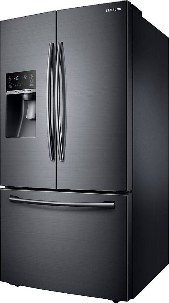 Left. Samsung - 22.5 cu. ft. Counter Depth French Door Fingerprint Resistant Refrigerator with CoolSelect Pantry - Black stainless steel.