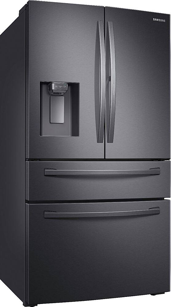 Angle. Samsung - 22.4 cu. ft. 4-Door French Door Counter Depth Smart Refrigerator with Food Showcase - Fingerprint Resistant Black Stainless Steel.