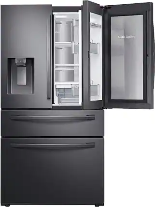 Front. Samsung - 22.4 cu. ft. 4-Door French Door Counter Depth Smart Refrigerator with Food Showcase - Fingerprint Resistant Black Stainless Steel.