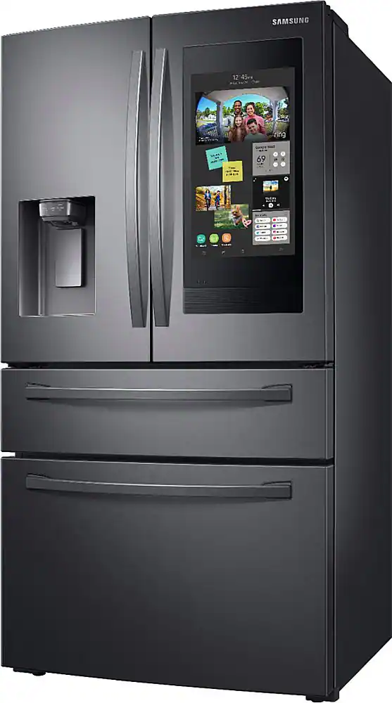 Left. Samsung - Family Hub 27.7 Cu. Ft. 4-Door French Door  Fingerprint Resistant Refrigerator - Black stainless steel.